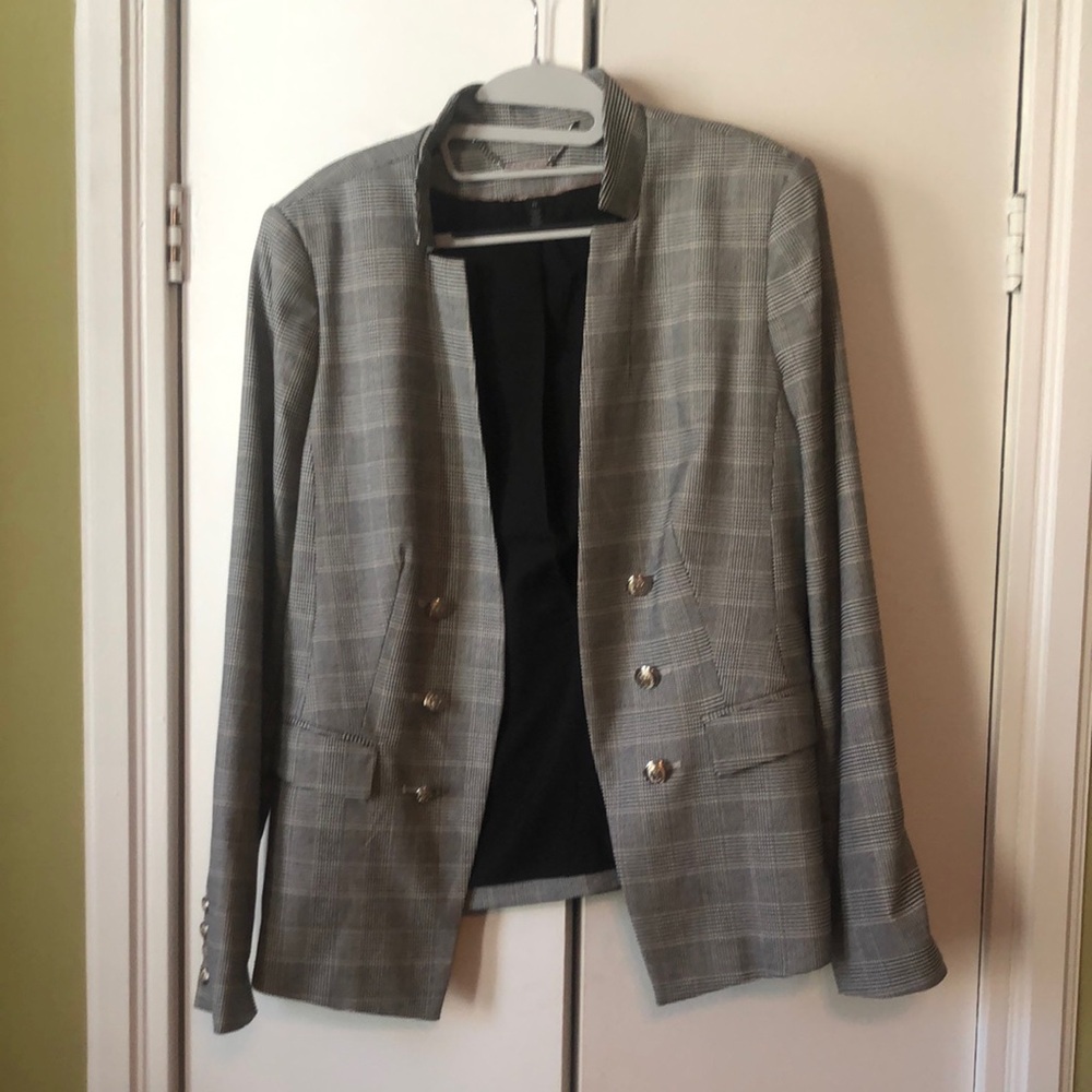 Military Style Plaid Blazer with Silver Buttons